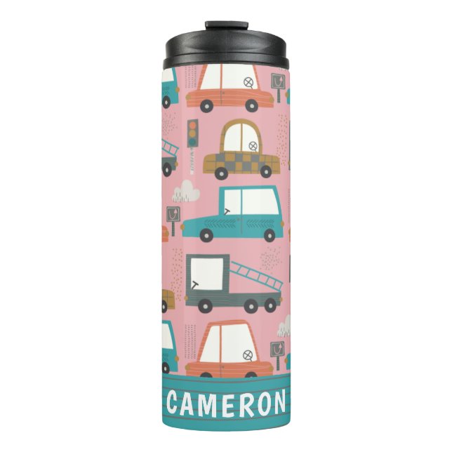Cute Cars Trucks Pink Personalised Thermal Tumbler (Front)