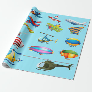 Cute Cartoon Aeroplanes Pattern Blue Birthday  Wrapping Paper