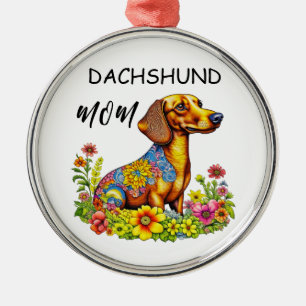 Cute Cartoon AI Dachshund Mom Metal Ornament