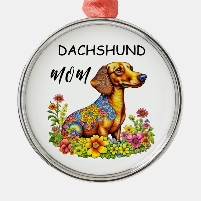 Cute Cartoon AI Dachshund Mum Metal Ornament (Front)