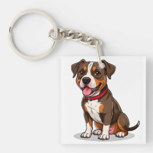 Cute Cartoon American Pit Bull Dog Key Ring