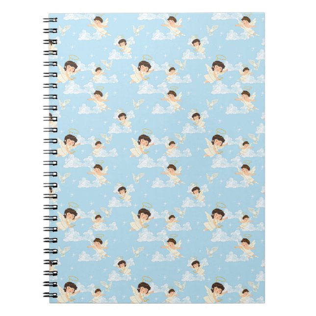 Cute Cartoon Angels And Doves Seamless Pattern Notebook (Front)