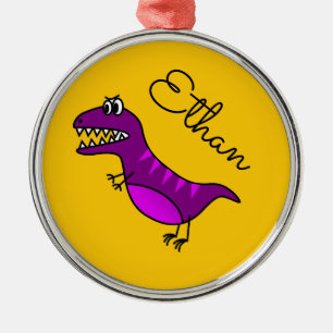 Cute cartoon angry purple dinosaur name metal ornament