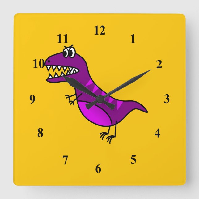 Cute cartoon angry purple dinosaur square wall clock (Front)