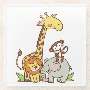 Cute Cartoon Animals – Giraffe, Lion & Monkey Glass Coaster