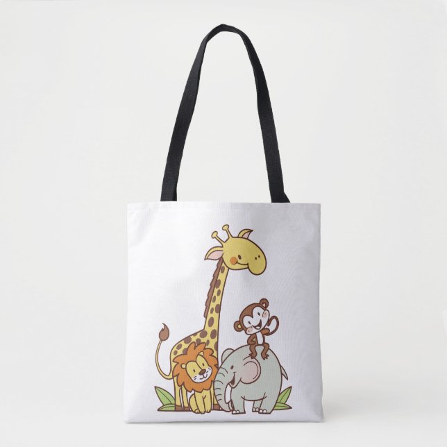 Cute Cartoon Animals – Giraffe, Lion & Monkey Tote Bag (Front)