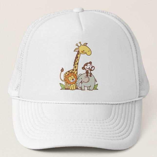 Cute Cartoon Animals – Giraffe, Lion & Monkey Trucker Hat (Front)