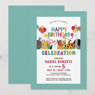 Cute cartoon animals kids Happy Birthday party Invitation