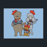 Cute Cartoon Animals Wearing French Clothing Postcard<br><div class="desc">This France-themed postcards features cartoon animals dressed up in French style clothing with blue and white striped shirts,  red berets and red neckerchiefs. There's a brown bear,  a brown rabbit or bunny and a grey poodle. This postcard can be customised with your own text.</div>