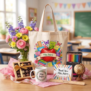 Cute Cartoon Apple Inspirational Teacher Tote Bag