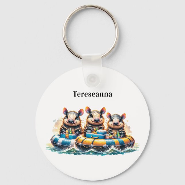 Cute Cartoon Armadillos Having Fun Tubing On River Key Ring (Front)