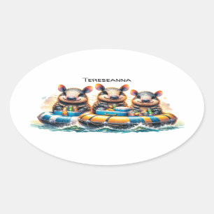 Cute Cartoon Armadillos Having Fun Tubing On River Oval Sticker