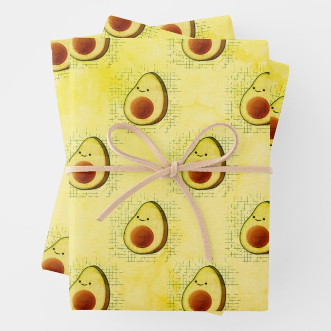 Cute Cartoon Avocado On Distressed Background  Wrapping Paper Sheet (In situ)