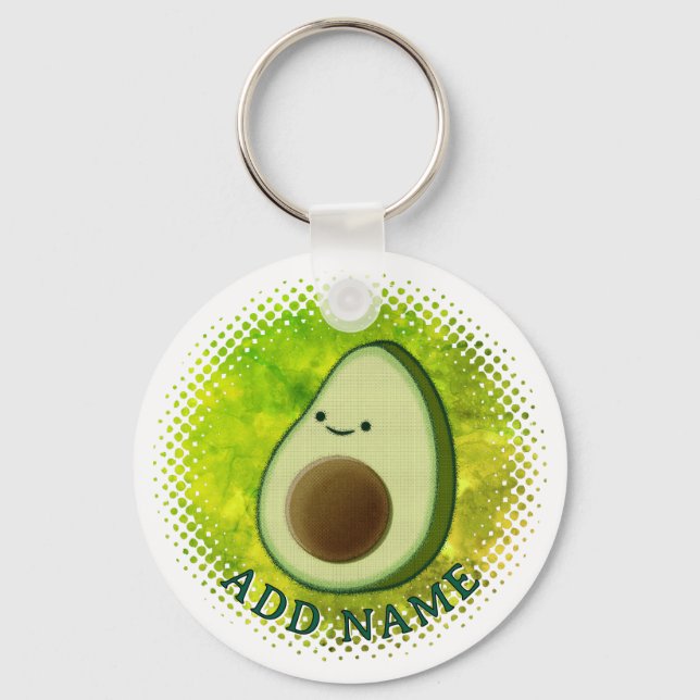 Cute Cartoon Avocado Watercolor Background Key Ring (Front)