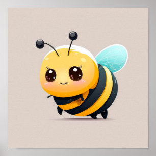 Cute cartoon baby bee on gray background. poster