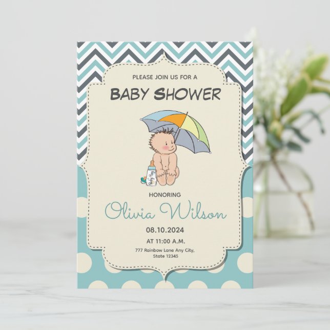 Cute Cartoon Baby Blue Boy Baby Shower Invitation (Standing Front)