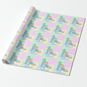 Cute Cartoon Baby Boy 1st Birthday Wrapping Paper