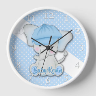 Cute cartoon baby elephant on a blue white polka d clock