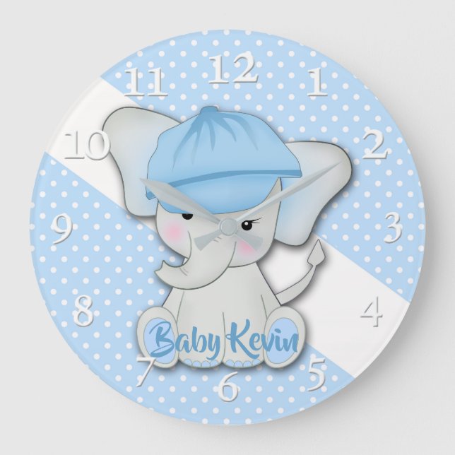 Cute cartoon baby elephant on a blue white polka d large clock (Front)