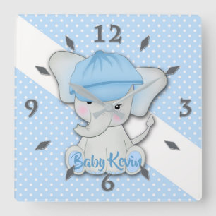 Cute cartoon baby elephant on a blue white polka d square wall clock