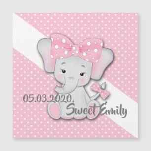Cute cartoon baby elephant on a pink white polka