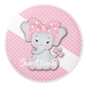 Cute cartoon baby elephant on a pink white polka ceramic knob