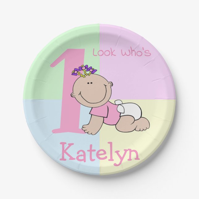 Cute Cartoon Baby Girl 1st Birthday Paper Plate (Front)