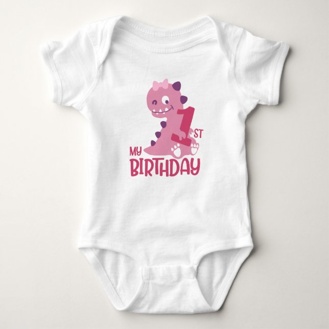 Cute Cartoon Baby Girl Dinosaurs 1st Birthday  Bodysuit (Front)