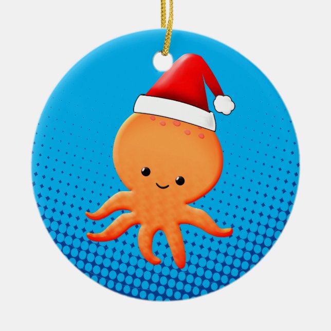 Cute Cartoon Baby Octopus Santas Hat Ceramic Ornament (Front)