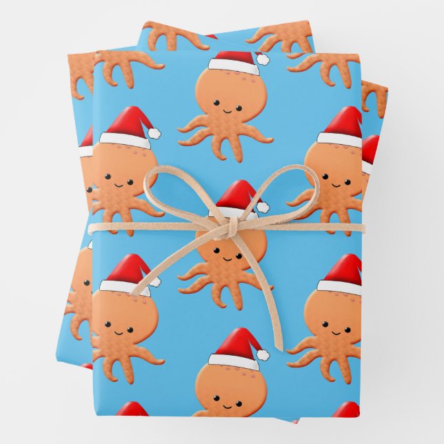 Cute Cartoon Baby Octopus Santas Hat Wrapping Paper Sheet (In situ)