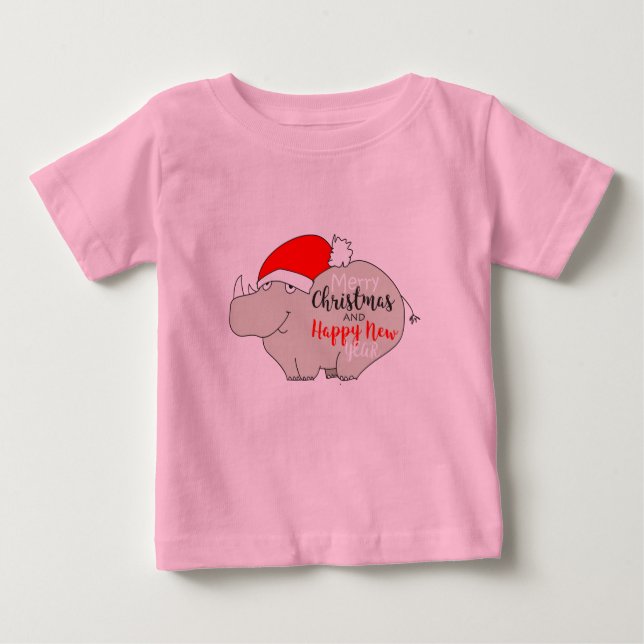 Cute Cartoon Baby Rhino Funny Pink Merry Christmas Baby T-Shirt (Front)