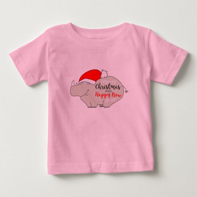 Cute Cartoon Baby Rhino Funny Pink Merry Christmas T-Shirt (Front)