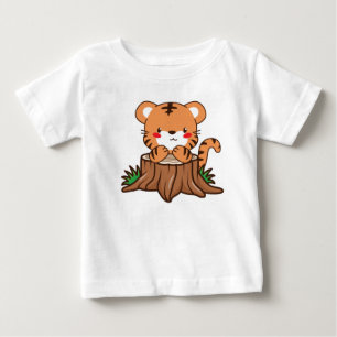 Cute Cartoon Baby Tiger on Tree Stump T-Shirt