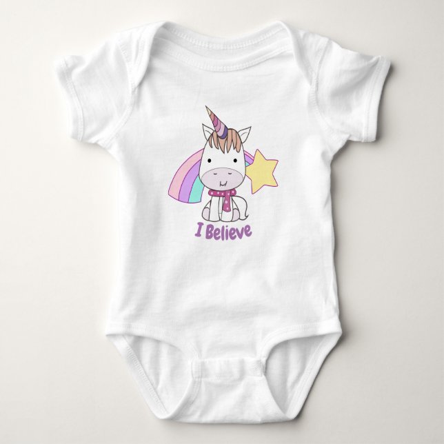Cute Cartoon Baby Unicorn and Rainbow Baby Bodysuit (Front)
