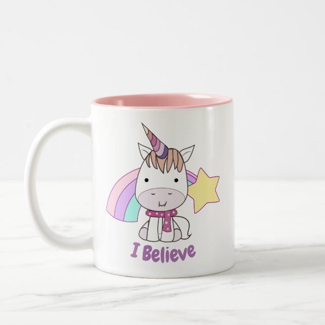 Cute Cartoon Baby Unicorn and Rainbow Two-Tone Coffee Mug (Left)