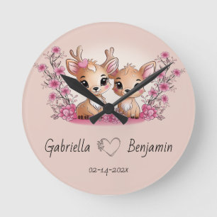 Cute Cartoon Bambi Lovers Heart Valentine’s Day  Round Clock