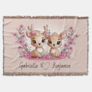 Cute Cartoon Bambi Lovers Heart Valentine’s Day  Throw Blanket