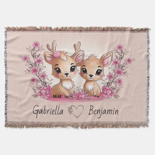 Cute Cartoon Bambi Lovers Heart Valentine’s Day  Throw Blanket (Front)
