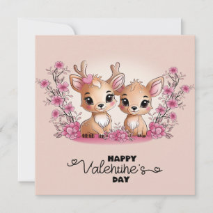 Cute Cartoon Bambi Lovers Hearts Valentine’s Day Holiday Card