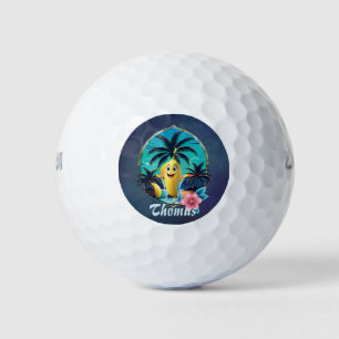 Cute cartoon banana on the tropical beach. golf balls