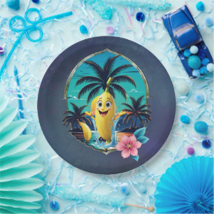 Cute cartoon banana on the tropical beach.  paper plate