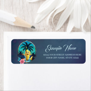 Cute cartoon banana on the tropical beach. return address label