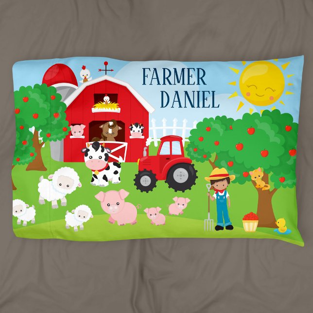 Cute Cartoon Barnyard Animals, Farmer, and Tractor Pillowcase (Creator Uploaded)