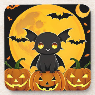 Cute Cartoon Bat and Jack-O'-Lantern Pumpkins Coaster