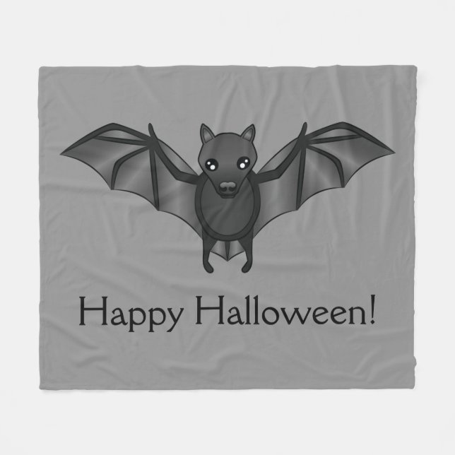 Cute Cartoon Bat With Happy Halloween Text Fleece Blanket (Front (Horizontal))