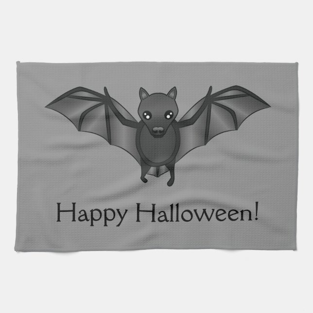 Cute Cartoon Bat With Happy Halloween Text Tea Towel (Horizontal)