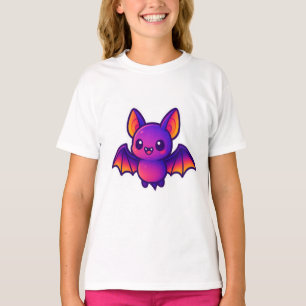Cute Cartoon Bat with Vibrant Purple Wings and Big T-Shirt