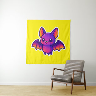 Cute Cartoon Bat with Vibrant Purple Wings and Big Tapestry