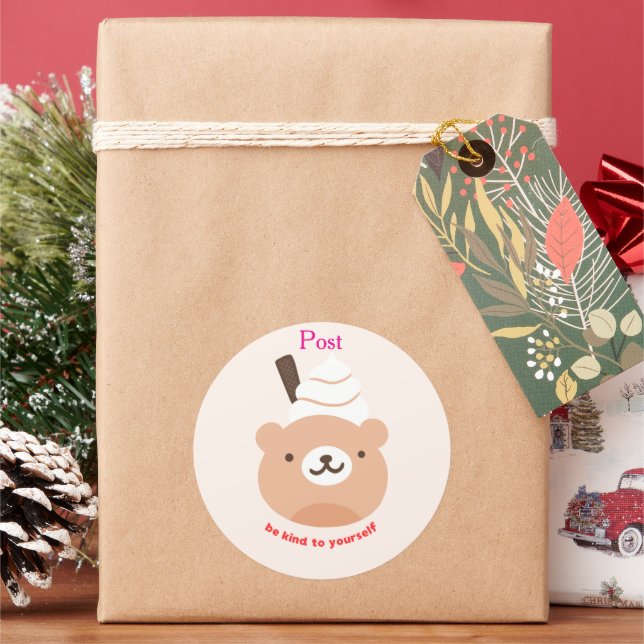 Cute Cartoon Bear Ice Cream with "Be Kind to Yours Classic Round Sticker (Holiday)