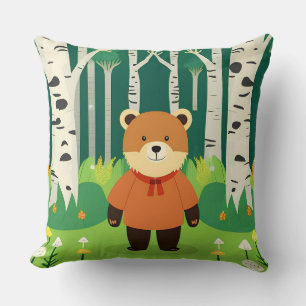 Cute Cartoon Bear in a Magical Forest Scene Cushion